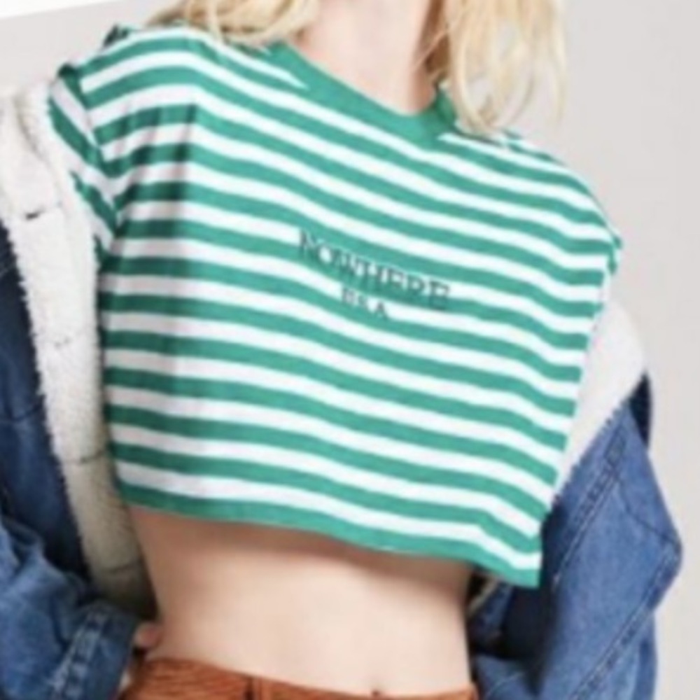 NWT FOREVER 21 NOWHERE USA GREEN WHITE STRIPE CROP TOP TEE S